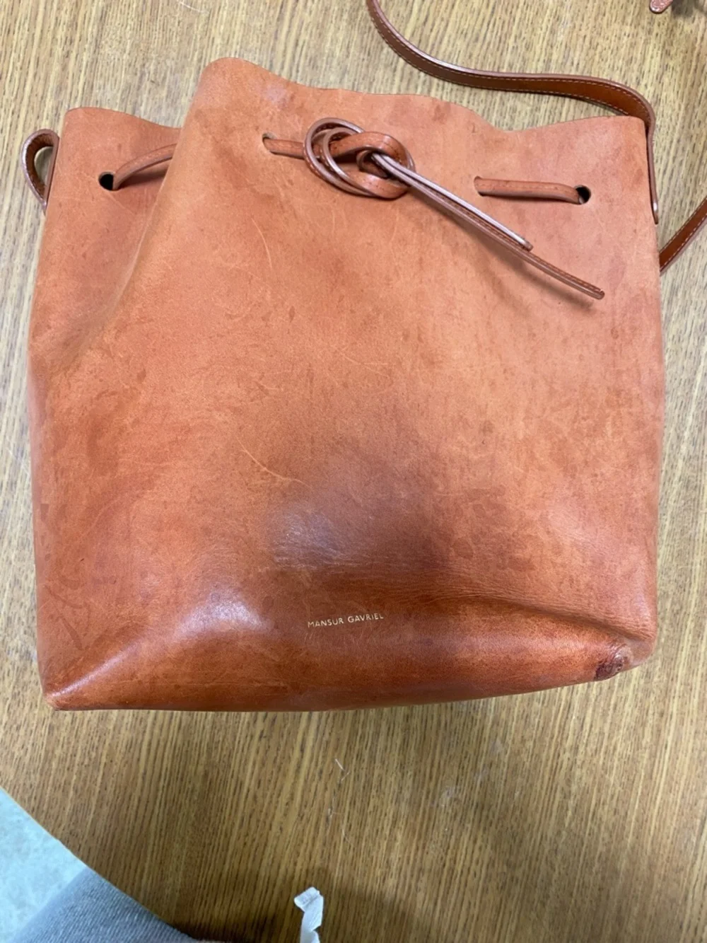 Mansur Gavriel Leather Drawstring Bucket Bag in Cognac Brown